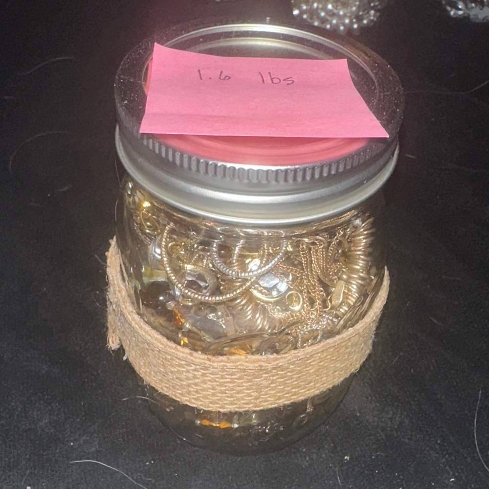 1.6 lbs Mixed Jewelry Lot Earrings Rings Bracelets Necklaces in Mason Jar